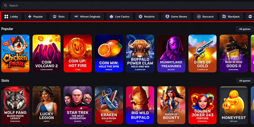 Winum casino website sections